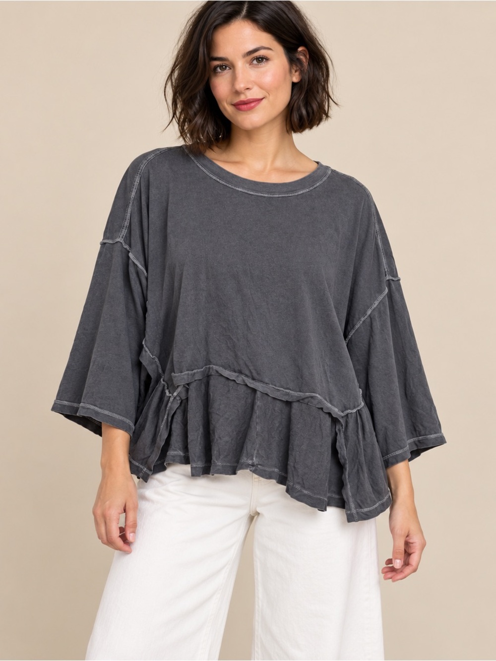 We The Free Gray Oversized Ruffle Hem Top XS Washed Charcoal Relaxed Raw-Seam